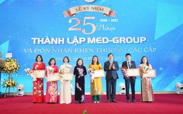 Nguyên Thứ trưởng Y tế Nguyễn Thị Xuyên và PGS, TS Lương Ngọc Khuê, Cục trưởng Cục Quản lý, khám chữa bệnh trao bằng khen cho các cá nhân.