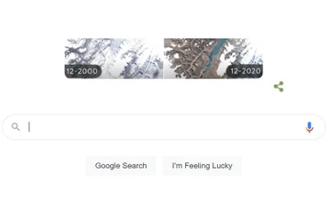 Google Doodle cho thấy tình trạng thu hẹp diện tích sông băng ở khu vực Sermersooq, Greenland. (Ảnh chụp màn hình)