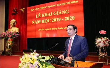 Đồng chí Phạm Minh Chính phát biểu tại Lễ khai giảng năm học mới 2019- 2020 của Học viện Chính trị quốc gia Hồ Chí Minh. Ảnh: TTXVN