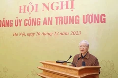 Tổng Bí thư Nguyễn Phú Trọng phát biểu tại Hội nghị Đảng ủy Công an Trung ương năm 2023. (Ảnh: TTXVN)