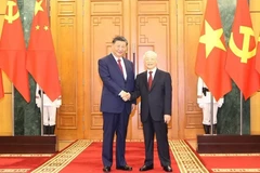 Tổng Bí thư Nguyễn Phú Trọng và Tổng Bí thư, Chủ tịch Trung Quốc Tập Cận Bình. (Ảnh: TTXVN)