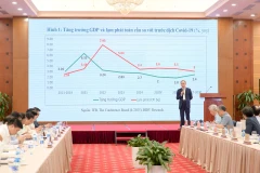 TS Cấn Văn Lực, thành viên Hội đồng Tư vấn Chính sách Tài chính-Tiền tệ quốc gia, trình bày tham luận tại Hội thảo. Ảnh THẾ ĐẠI