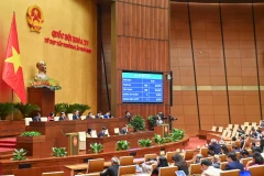 Quốc hội biểu quyết thông qua Nghị quyết quy định về xử lý một số vấn đề liên quan đến sắp xếp tổ chức bộ máy nhà nước, sáng 19/2. Ảnh: DUY LINH