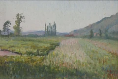 Vua Hàm Nghi, Phong cảnh với cây bách (Menthon-Saint-Bernard), sơn dầu, 27 x 40cm, 1906. Nguồn: Viện Pháp tại Việt Nam.