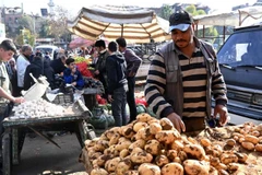 Những người bán hàng trưng bày hàng hóa của họ để bán dọc theo một con phố ở Damascus, Syria. (Ảnh: XINHUA)