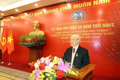 Tổng Bí thư Nguyễn Phú Trọng phát biểu tại buổi Lễ trao tặng Huy hiệu 55 năm tuổi Đảng. Ảnh: TTXVN