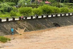 Người dân vẫn bất chấp nguy hiểm ra bờ sông Cầu, đoạn qua thành phố Bắc Kạn để đánh cá.