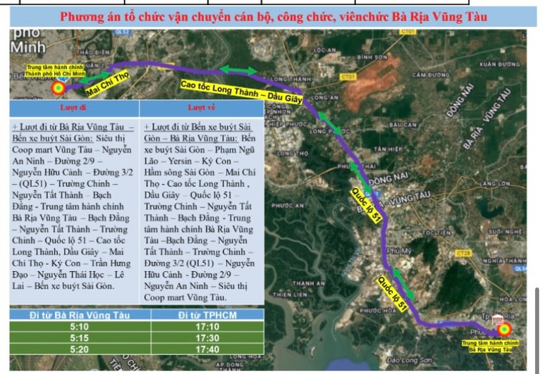 Lộ trình đưa rước từ Trung tâm hành chính Bà Rịa-Vũng Tàu đến Trung tâm hành chính Thành phố Hồ Chí Minh. so-do-van-chuyen-br-vt.jpg