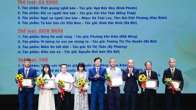 Trao giải cho các tác giả có tác phẩm đoạt giải Khuyến khích trong cuộc vận động. (Ảnh: BTC) giai-kk.jpg