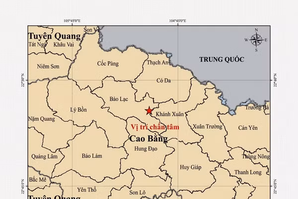 Bản đồ tâm chấn trận động đất mạnh 3,2 tại xã Bảo Lạc, tỉnh Cao Bằng. (Ảnh: Viện Các Khoa học Trái đất)