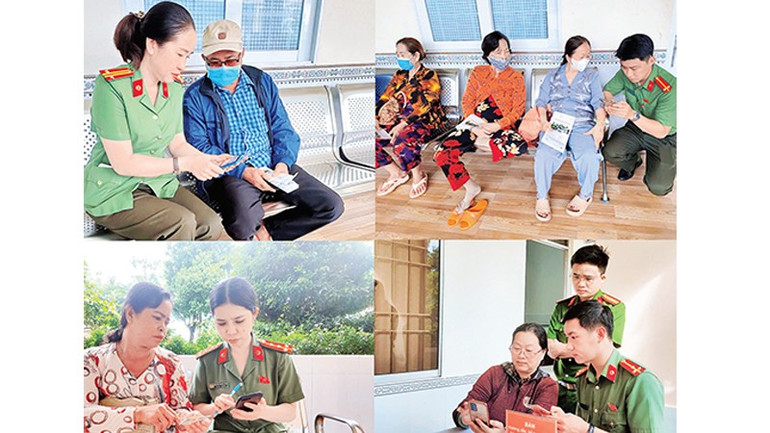 Lực lượng tình nguyện Công an cơ sở tỉnh Cà Mau hướng dẫn người dân cài đặt và khai thác ứng dụng VNeID, sổ khám sức khỏe điện tử trên điện thoại thông minh. a10.jpg