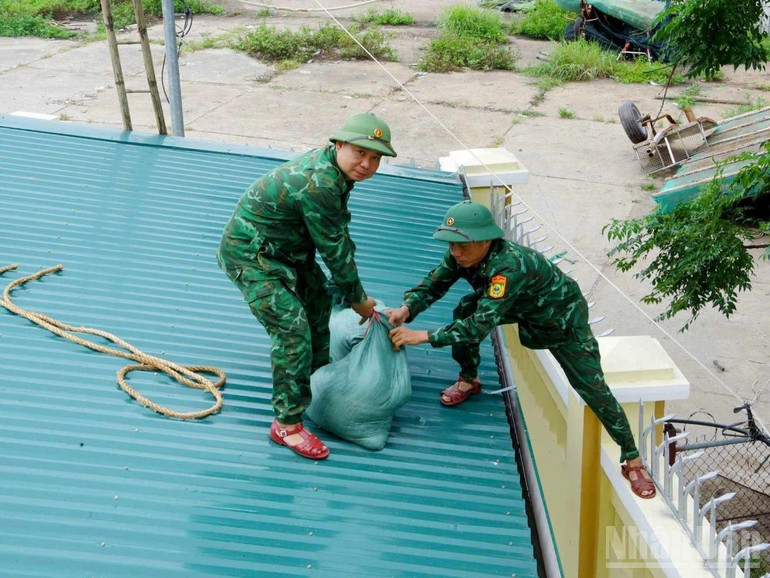 Lực lượng quân đội gia cố công trình nhằm giảm thiểu thiệt hại khi bão số 3 vào đất liền. ndo_br_1-2.jpg