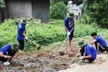 Chiến sĩ tình nguyện Trường Đại học Sư phạm Thể dục Thể thao Thành phố Hồ Chí Minh trồng hoa tuyến đường giao thông nông thôn.