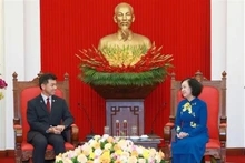 Thường trực Ban Bí thư Trương Thị Mai tiếp Chủ tịch Đảng Dân chủ Lập hiến Nhật Bản Izumi Kenta. (Ảnh: Phương Hoa/TTXVN)