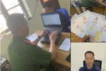 Công an thành phố Hạ Long làm việc với các đối tượng rao bán giấy mời và thẻ đại biểu dự Carnaval Hạ Long 2024. Ảnh: Công an cung cấp.