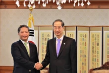 Trưởng Ban Kinh tế Trung ương Trần Tuấn Anh với Thủ tướng Chính phủ Han Duck-soo. (Ảnh: TTXVN)