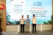 Đại diện Cục Trồng trọt, Bộ Nông nghiệp và Phát triển nông thôn trao 2 chứng nhận của tổ chức 4C chứng nhận về 2 vùng trồng đáp ứng tiêu chuẩn EUDR với tổng gần 8.000 nông dân, diện tích 9.500 ha và sản lượng trên 35.000 tấn cho lãnh đạo Simexco Đắk Lắk.