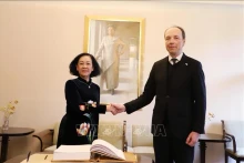 Đồng chí Trương Thị Mai hội kiến với Chủ tịch Quốc hội Phần Lan Jussi Halla-Aho. (Ảnh: TTXVN)