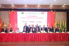Lãnh đạo nhà trường và đại diện các doanh nghiệp ký kết hợp tác.
