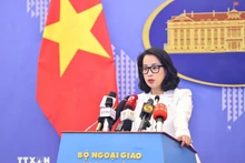 Người phát ngôn Bộ Ngoại giao Phạm Thu Hằng chủ trì họp báo thường kỳ tháng 6/2024. (Ảnh: TTXVN)
