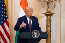 Tổng thống Mỹ Donald Trump dự họp báo tại Nhà Trắng ở Washington D.C. ngày 13/2/2025. (Ảnh: Tân Hoa xã)