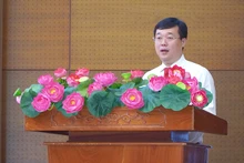 Ủy viên Trung ương Đảng, Bí thư Tỉnh ủy Đồng Tháp Lê Quốc Phong phát biểu tại buổi lễ. (Ảnh: HỮU NGHĨA)