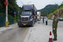 Cán bộ, chiến sĩ Bộ đội biên phòng tỉnh Lạng Sơn, cùng phối hợp với các lực lượng quản lý cửa khẩu điều tiết phương tiện chở hàng hóa vào khu vực cửa khẩu quốc tế Hữu Nghị.