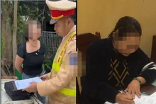 Nguyễn Thị Ngân trước lực lượng thi hành công vụ và tại cơ quan Công an.