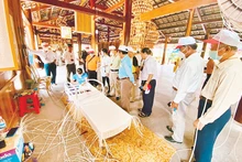 Du khách xem một công đoạn thêu truyền thống.