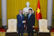 Chủ tịch nước Lương Cường và Bộ trưởng Ngoại giao Lào Thongsavanh Phomvihane tại buổi tiếp.