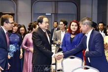 Chủ tịch Quốc hội Trần Thanh Mẫn gặp gỡ đại diện cán bộ Đại sứ quán và đại diện cộng đồng người Việt Nam tại Uzbekistan. (Ảnh: DOÃN TẤN/TTXVN)