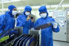 Kiểm tra tấm wafer - nguyên liệu để sản xuất sản phẩm cho chất bán dẫn tại nhà máy của Công ty trách nhiệm hữu hạn Hana Micron Vina (FDI Hàn Quốc), Khu công nghiệp Vân Trung, tỉnh Bắc Giang. (Ảnh: TUẤN ANH)