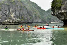  Du khách thỏa thích chèo thuyền kayak khám phá hang động kỳ thú của vịnh Lan Hạ.