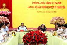 Quang cảnh cuộc làm việc giữa Thường trực Thành ủy Hà Nội với Huyện ủy Thạch Thất ngày 15/9. (Ảnh: Duy Linh)