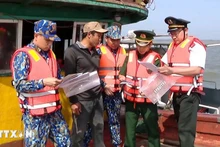 Các đơn vị thuộc Bộ đội Biên phòng tỉnh Ninh Bình phối hợp với Chi cục Thủy sản, Sở Nông nghiệp và Phát triển nông thôn tỉnh tuyên truyền về IUU cho ngư dân khu vực biên giới biển. (Ảnh: Thùy Dung/TTXVN)