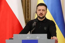 Tổng thống Ukraine Volodymyr Zelensky trong cuộc họp báo ở Vácsava, Ba Lan ngày 15/1/2025. (Ảnh: PAP/TTXVN)