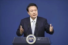 Tổng thống Hàn Quốc Yoon Suk Yeol tại một cuộc họp báo ở Seoul. (Ảnh: Kyodo/TTXVN)