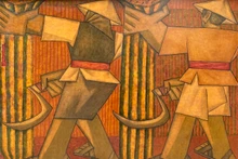 Phùng Phẩm, Hai người thợ gặt, sơn mài, 120x160cm, 2005.