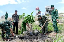 Bí thư Tỉnh ủy Kiên Giang Nguyễn Tiến Hải (thứ 2, từ phải qua) trồng cây lưu niệm tại điểm cơ sở A1 trên Hòn Nhạn, thuộc xã đảo Thổ Châu. (Ảnh: PHƯƠNG VŨ)