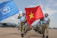 Lực lượng tham gia Bệnh viện Dã chiến, Cục Gìn giữ hòa bình Việt Nam đến Sudan làm nhiệm vụ, tháng 7/2018. (Ảnh: Ban tổ chức)