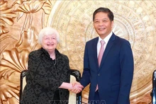 Đồng chí Trần Tuấn Anh, Ủy viên Bộ Chính trị, Trưởng Ban Kinh tế Trung ương tiếp Bộ trưởng Tài chính Hoa Kỳ Janet Yellen thăm và làm việc tại Việt Nam. (Ảnh: TTXVN) 