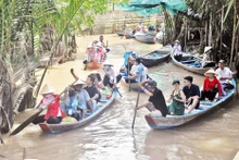 Chèo đò đưa du khách khám phá hệ thống kênh, rạch tại cù lao Thới Sơn, thành phố Mỹ Tho.