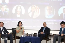 Các diễn giả tham dự buổi tọa đàm “Du học sinh Việt Nam tại Hàn Quốc và con đường lựa chọn" tại hội thảo. (Ảnh: Đức Thắng/TTXVN)