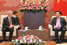 Chủ tịch Quốc hội Vương Đình Huệ và Đại sứ Pháp Nicolas Warnery tại buổi tiếp. (Ảnh Duy Linh)
