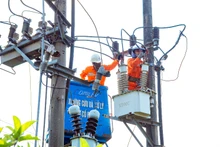 Công nhân điện lực sửa chữa điện mùa nắng nóng.