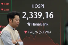 Bảng điện tử hiển thị chỉ số chứng khoán KOSPI tại ngân hàng Hana ở Seoul, Hàn Quốc ngày 7/4/2025. (Ảnh: Yonhap/TTXVN)
