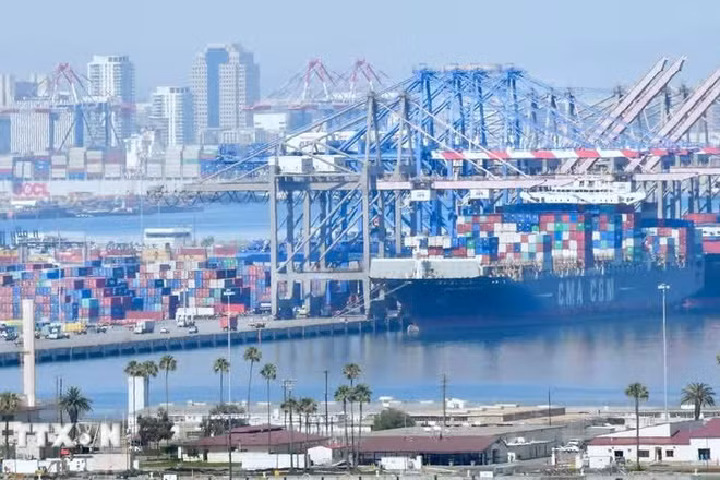 Hoạt động tại cảng hàng hóa Long Beach ở California, Mỹ. (Ảnh: AFP/TTXVN)