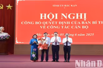 Thường trực Tỉnh ủy Bắc Kạn tặng hoa chúc mừng Tân Phó Bí thư Tỉnh ủy Đinh Quang Tuyên. (Ảnh: TUẤN SƠN)