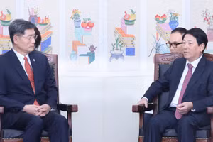 Chủ tịch nước Lương Cường tiếp Chủ tịch Quỹ Giao lưu quốc tế Hàn Quốc (KF) Kim Ghee Whan. (Ảnh: TTXVN)