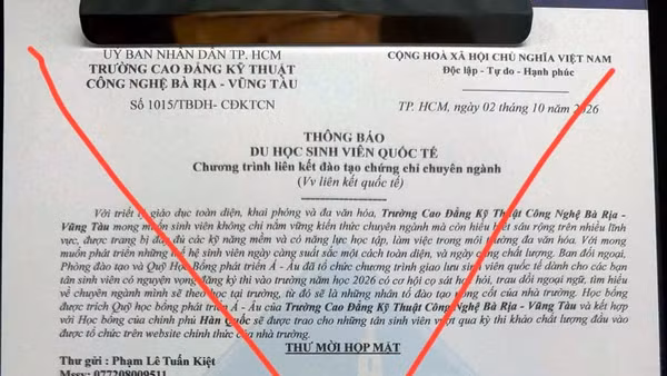 Văn bản, thông báo giả mạo Trường cao đẳng kỹ thuật công nghệ Bà Rịa-Vũng Tàu. (Ảnh: Nhà trường cung cấp)